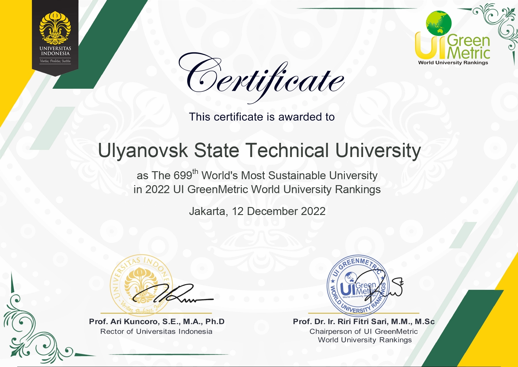 Ulyanovsk State Technical University is in the international UI GreenMetric World University Ranking 2022